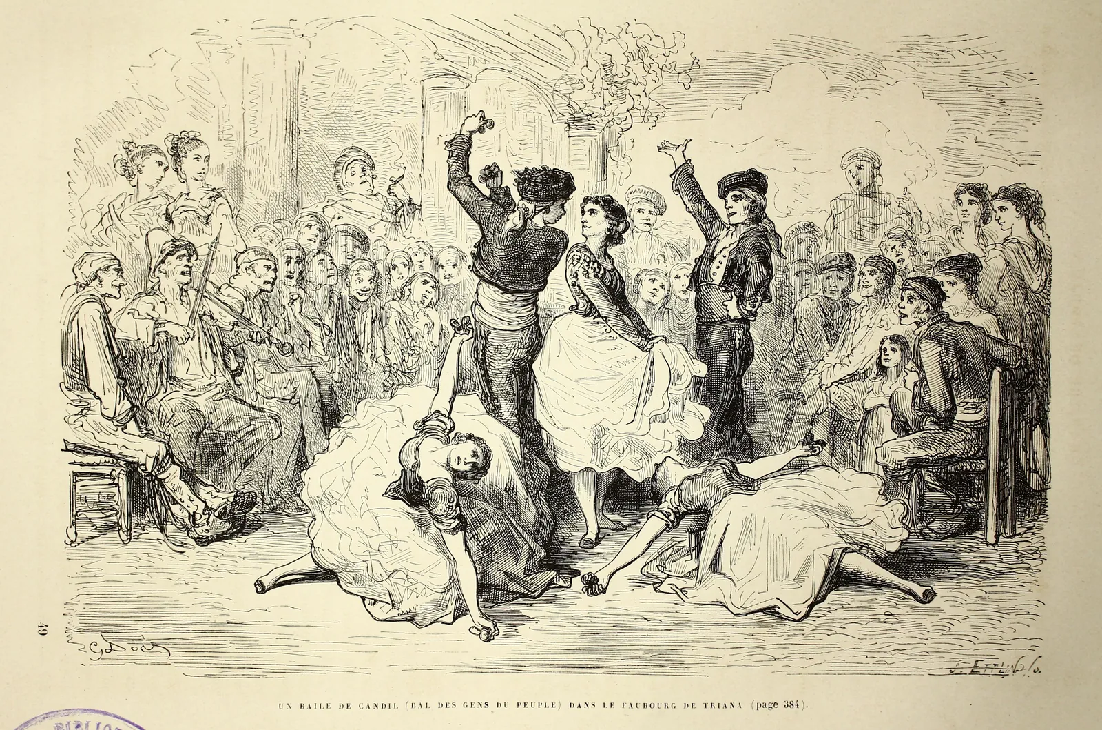 A black-and-white engraving of a crowded dance in Triana, with a dancing couple in the centre and onlookers and guitarists seated around them